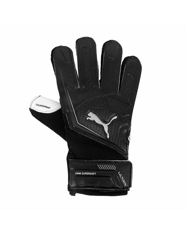 Puma Ultra Play RC goalkeeper gloves in black for adults, designed for soccer and outdoor sports.
