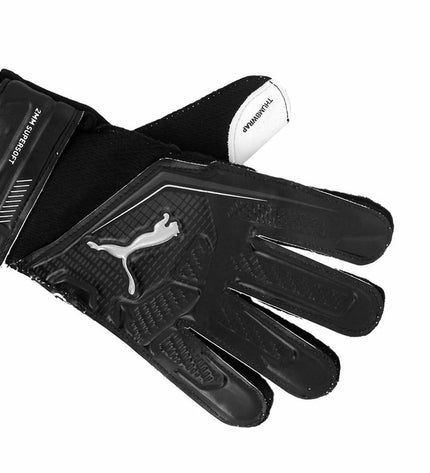 Black Puma Ultra Play RC goalkeeper gloves for adults, designed for soccer and outdoor sports.