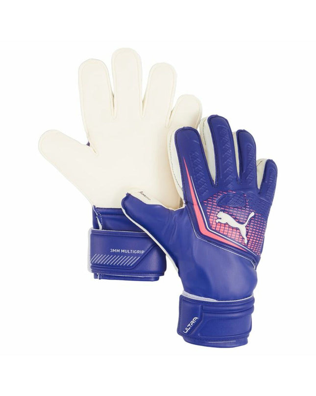 Puma Ultra Match Protect RC blue multicolour goalkeeper gloves for soccer, with padded palms and adjustable wrist straps.