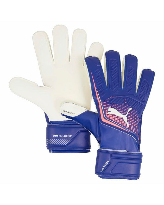 Puma Ultra Match Rc goalkeeper gloves in blue and multicolor for adults, designed for soccer and outdoor sports.
