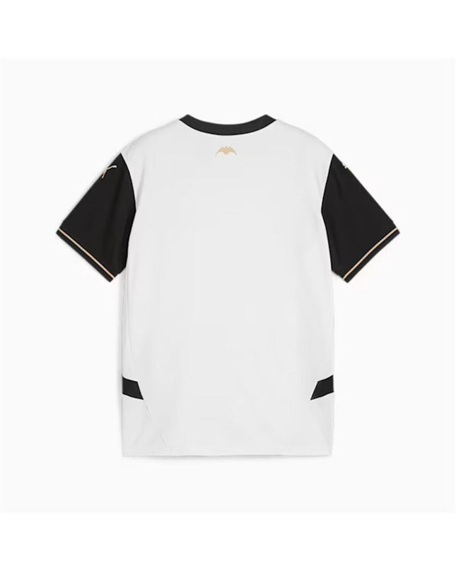 Kids' Puma Valencia C.F. home replica football jersey with short sleeves, featuring the team's colors and logo.
