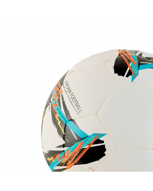 Puma Orbita Liga F Hyb Wit size 5 football, white with black and orange accents, designed for outdoor soccer play.