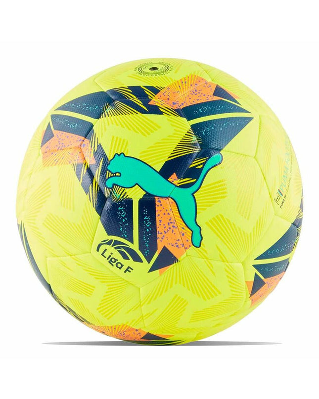 Yellow Puma Orbita Liga F Hyb soccer ball size 5, designed for outdoor soccer matches.