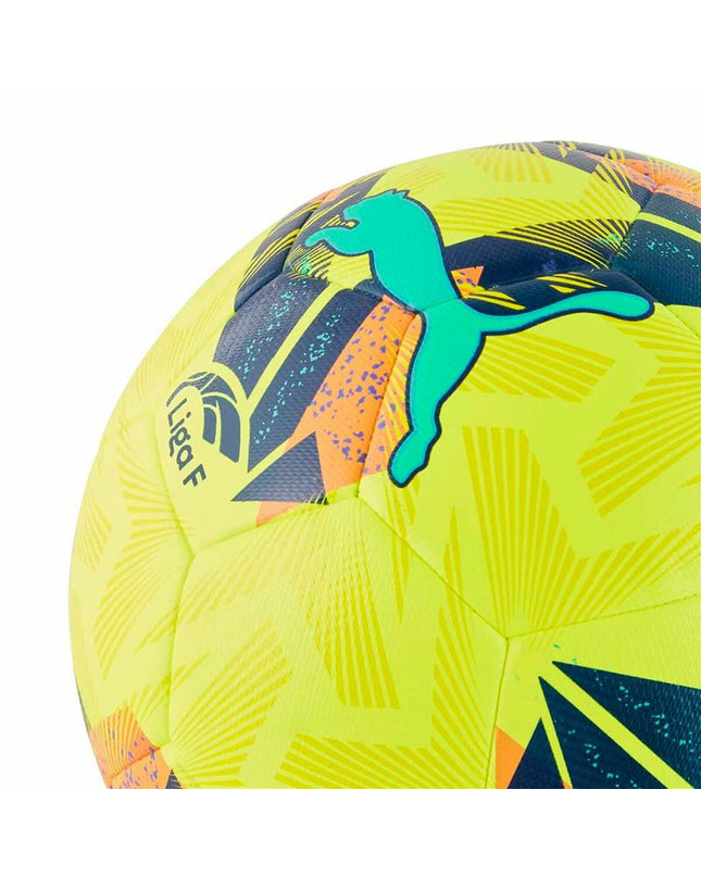 Yellow Puma Orbita Liga F hybrid soccer ball, size 5, designed for outdoor play, with vibrant yellow and black branding.