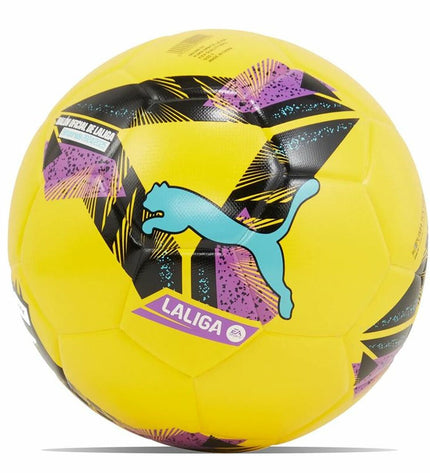 Yellow Puma Orbita La Liga soccer ball size 5 for sports and outdoor play, featuring Puma branding and La Liga logo.