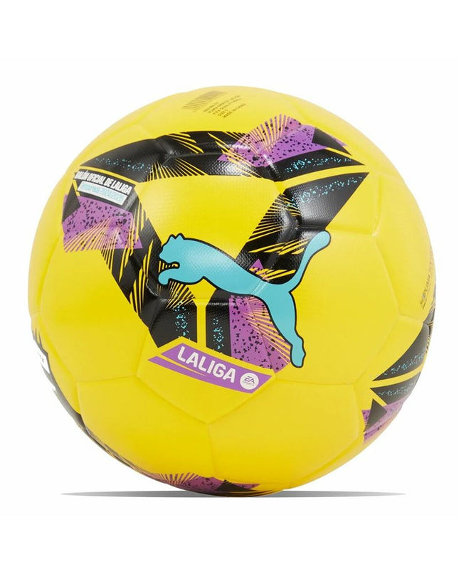 Yellow Puma Orbita La Liga soccer ball size 5 for sports and outdoor play, featuring Puma branding and La Liga logo.