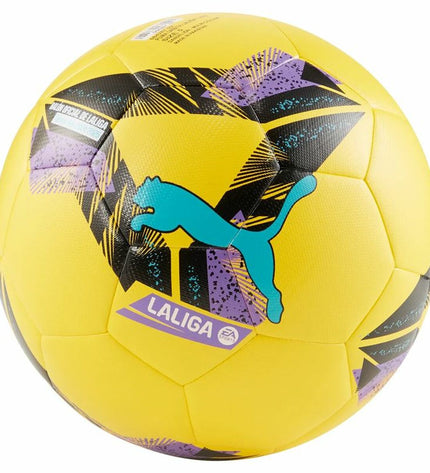 Puma Orbita La Liga football in yellow with Pelé branding, size 5, designed for sport and outdoor soccer play.