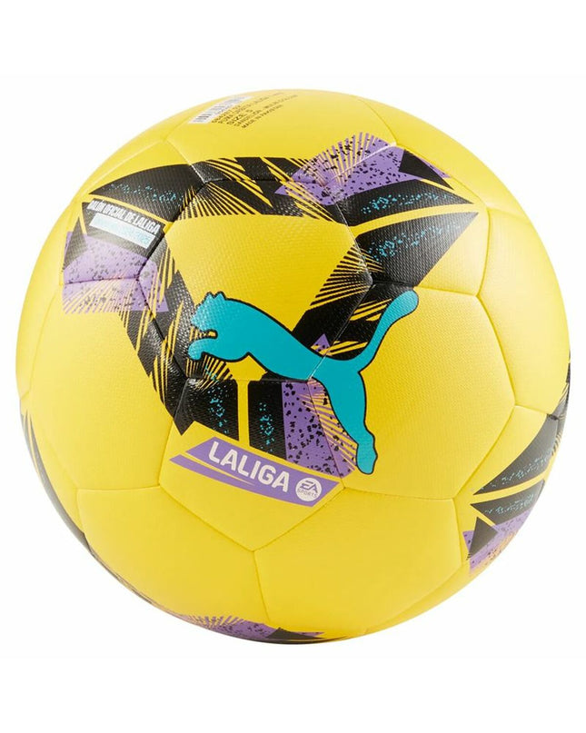 Puma Orbita La Liga football in yellow with Pelé branding, size 5, designed for sport and outdoor soccer play.