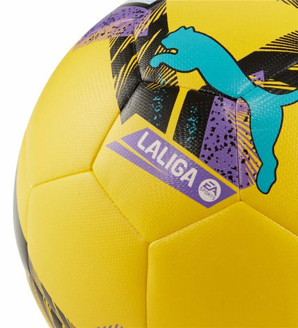 Yellow Puma Orbita Laliga 1 Hyb Pelé soccer ball with size 5, designed for outdoor play, featuring vibrant yellow and black accents.