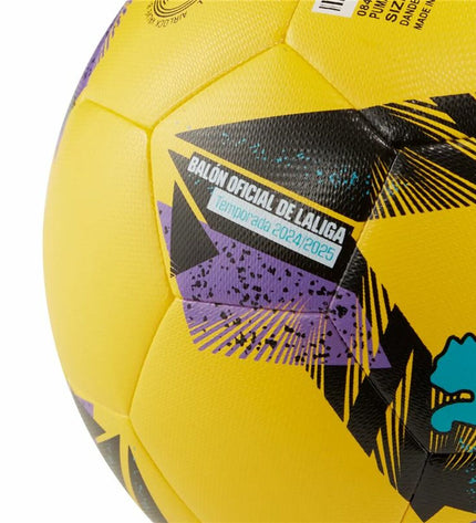 Yellow Puma Orbita La Liga Pelé size 5 soccer ball for outdoor play, featuring vibrant yellow design with Puma branding.