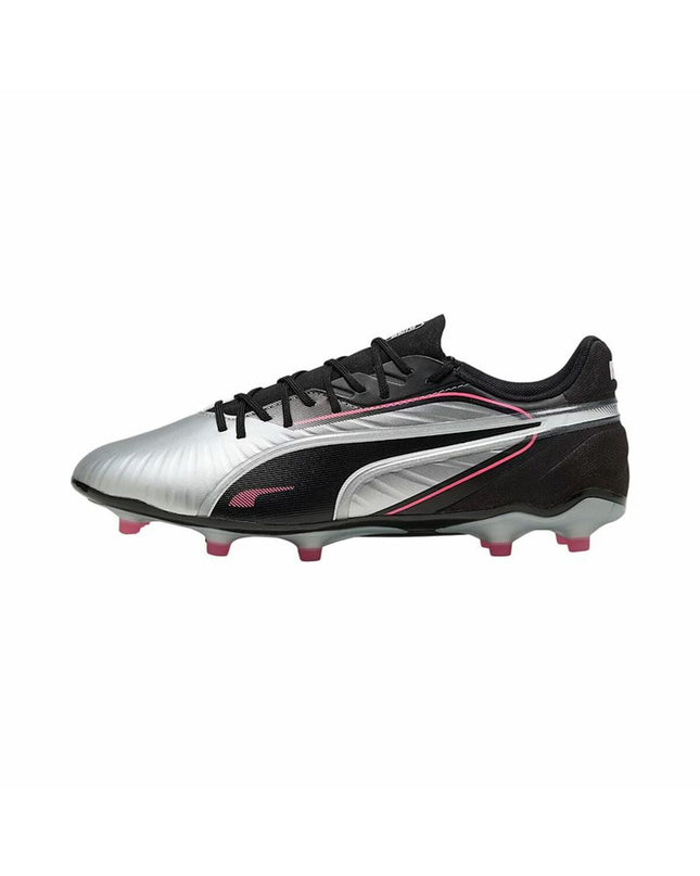 Adult Puma King Match football boots for outdoor soccer, featuring black and white design with Puma logo on the side.