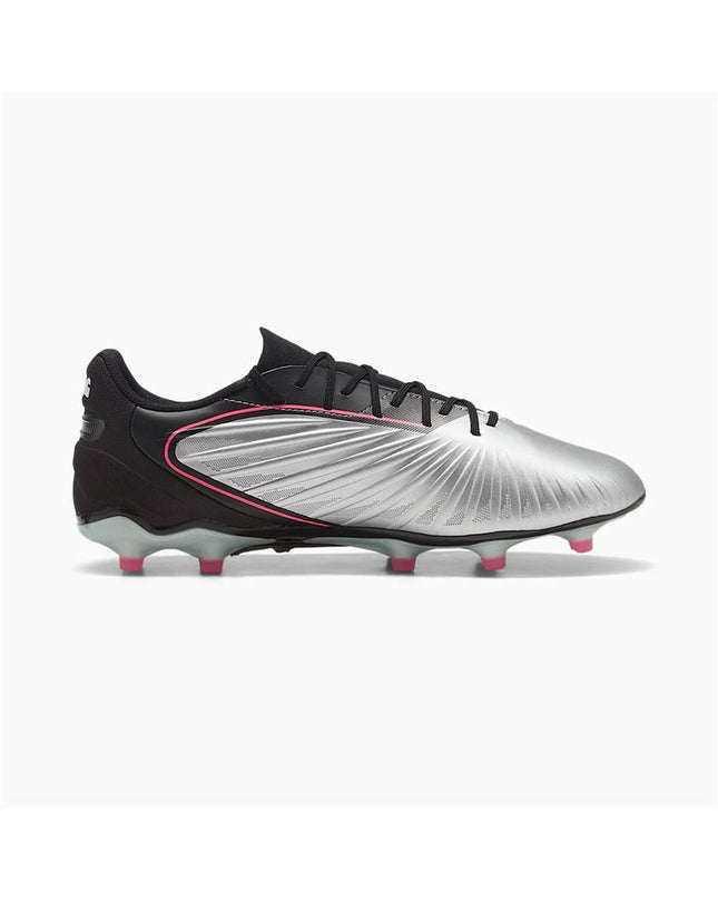 Adult Puma King Match football shoes for outdoor soccer, featuring black design with white accents and durable outsole.