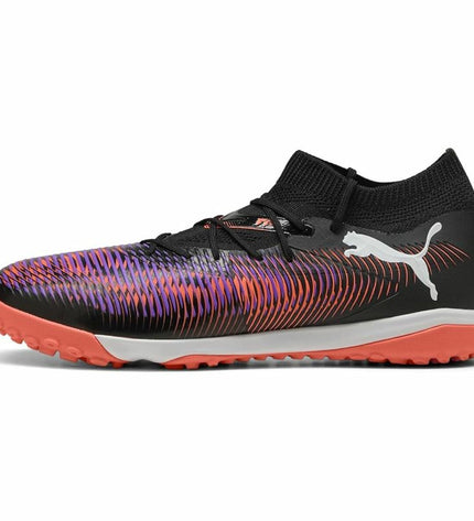 Adult Puma Future 8 Match TT soccer cleats for outdoor football, showing black and white design with textured upper.