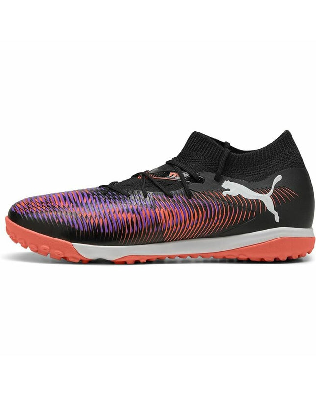 Adult Puma Future 8 Match TT soccer cleats for outdoor football, showing black and white design with textured upper.