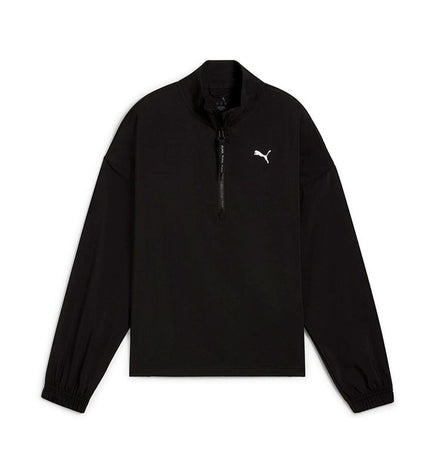 Puma W Strong Woven women's sport jacket in black with Puma logo, lightweight outdoor sportswear for women.