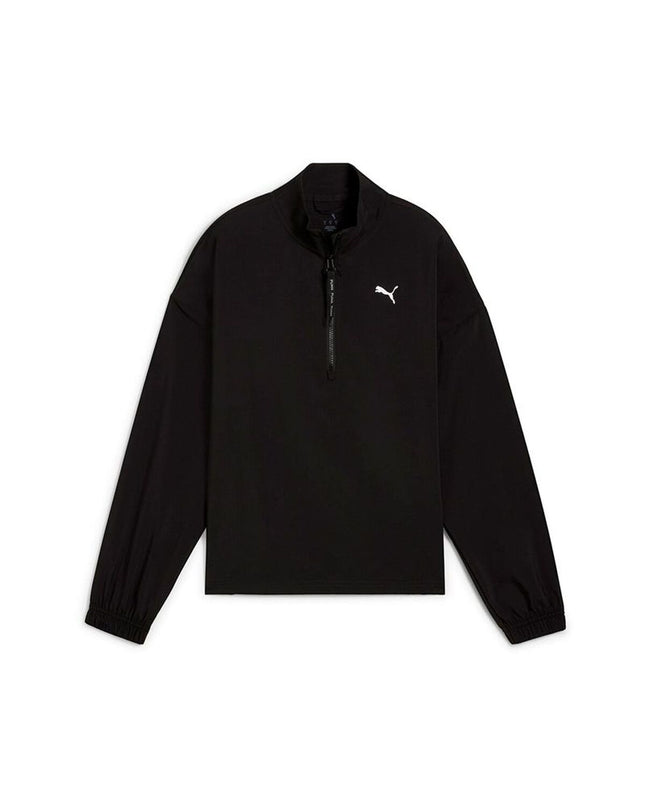 Puma W Strong Woven women's sport jacket in black with Puma logo, lightweight outdoor sportswear for women.