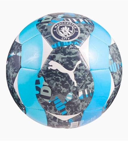 Puma Manchester City prematch soccer ball size 5 with blue and white design, suitable for outdoor football matches.