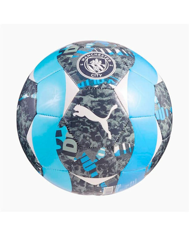 Puma Manchester City prematch soccer ball size 5 with blue and white design, suitable for outdoor football matches.