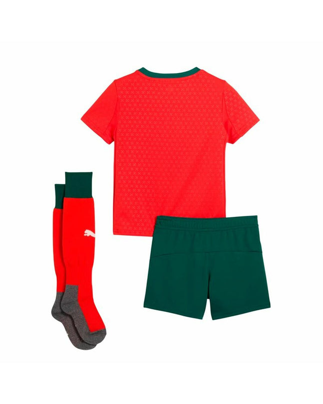 Kids' Puma Portugal Home Minikit jogging suit in red, featuring the football team's logo and sporty design for outdoor activities.