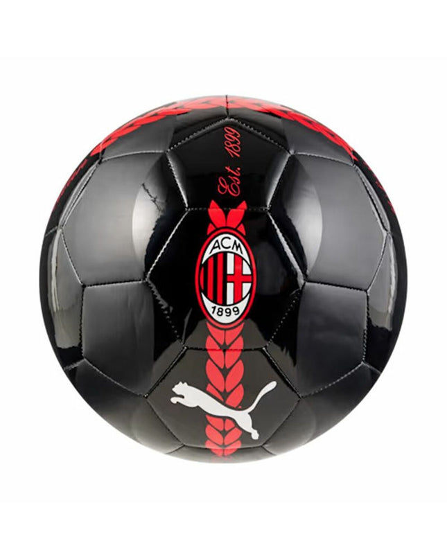 Black Puma AC Milan prematch football ball size 5 for soccer, with team logo and textured surface for outdoor play.