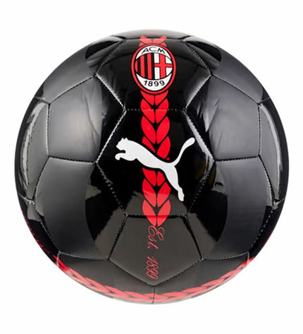 Black Puma AC Milan Prematch football ball size 5, showing the detailed surface and team logo for sports and outdoor use.