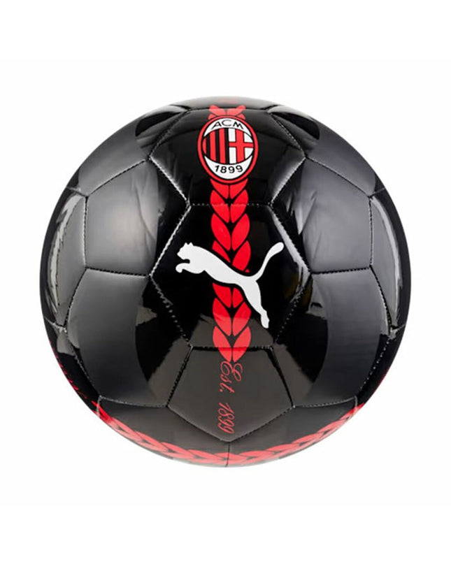 Black Puma AC Milan Prematch football ball size 5, showing the detailed surface and team logo for sports and outdoor use.