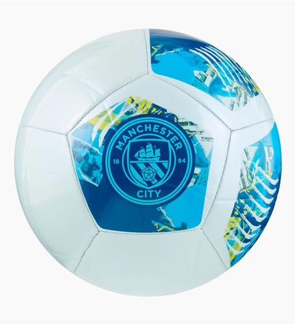 Blue Puma Manchester City FtblnRGY size 5 soccer ball for outdoor play, featuring official team branding and durable design.