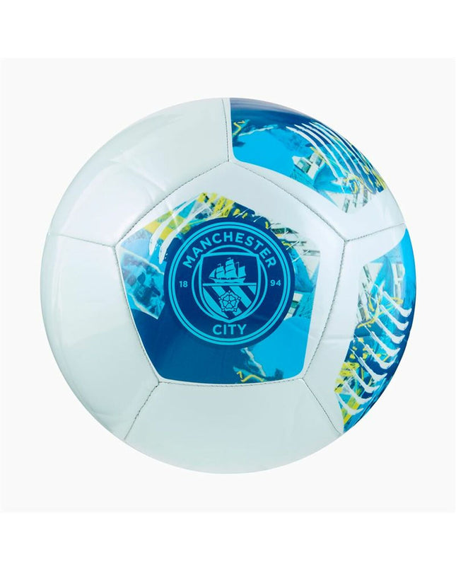 Blue Puma Manchester City FtblnRGY size 5 soccer ball for outdoor play, featuring official team branding and durable design.