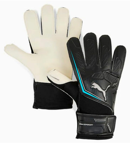Black Puma Ultra Play RC goalkeeper gloves for adults, designed for soccer with protective features and durable grip.