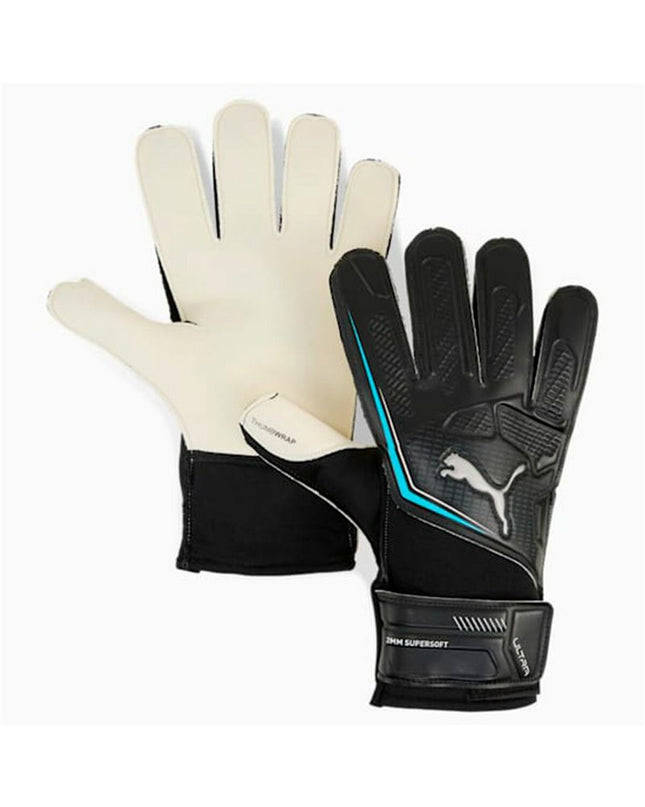 Black Puma Ultra Play RC goalkeeper gloves for adults, designed for soccer with protective features and durable grip.