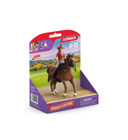 Schleich Horse Club actiefiguren Hannah en Cayenne speelgoed, detailed horse and rider figures in vibrant colors.