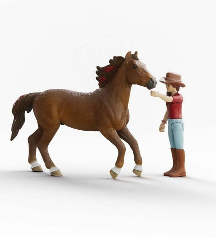 Schleich Horse Club Actiefiguren set featuring Hannah and Cayenne toy figurines, 8x15x18 cm and 21x10x19 cm, for imaginative play.