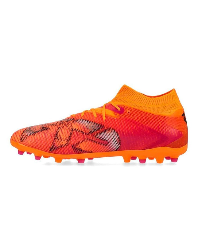 Puma Future 8 Pro Mg Heat Fire orange adult football shoes for outdoor soccer, featuring a vibrant orange design and sport-specific grip.