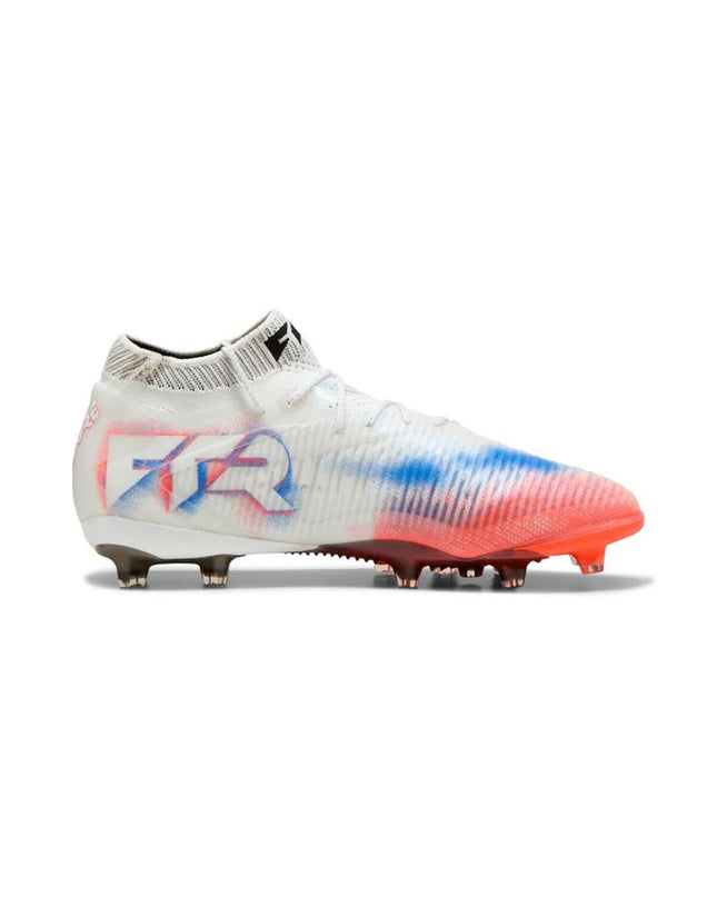Puma Future 8 Ultimate AG adult football cleats with black and red design for outdoor soccer, featuring textured upper and studded sole.