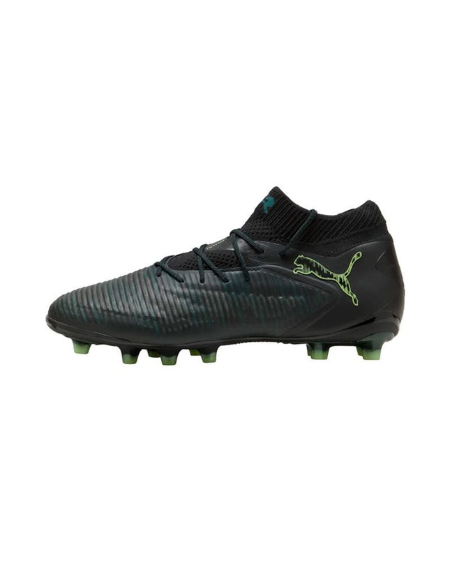 Black Puma Future 8 Ultimate adult football cleats for outdoor soccer, sporty design with studded soles for grip.