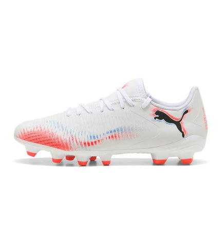Puma Future 8 Play FG/AG adult soccer cleats in white with black accents, designed for outdoor and indoor football.