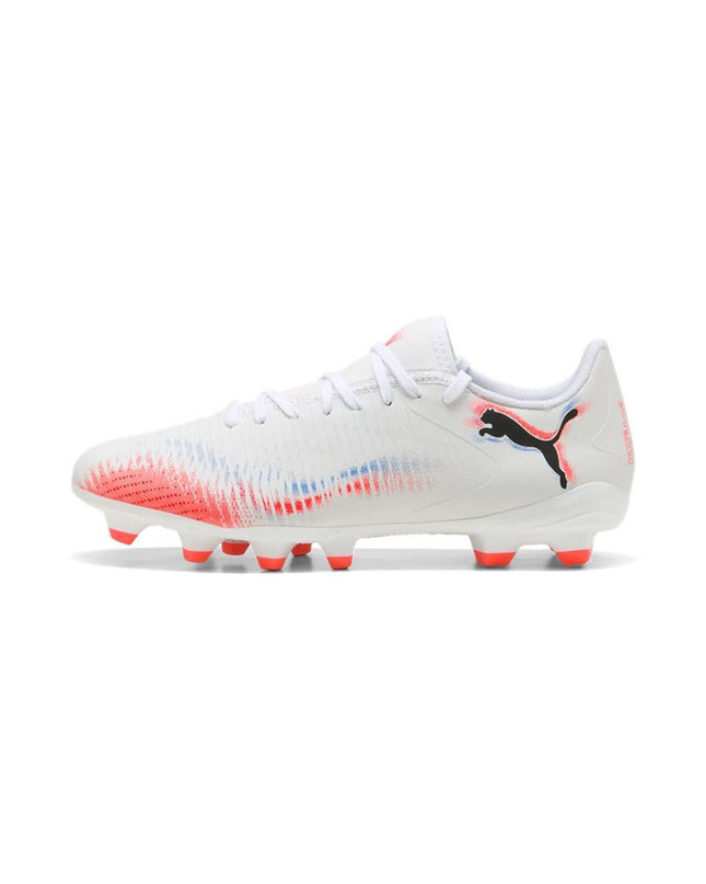 Puma Future 8 Play FG/AG adult soccer cleats in white with black accents, designed for outdoor and indoor football.
