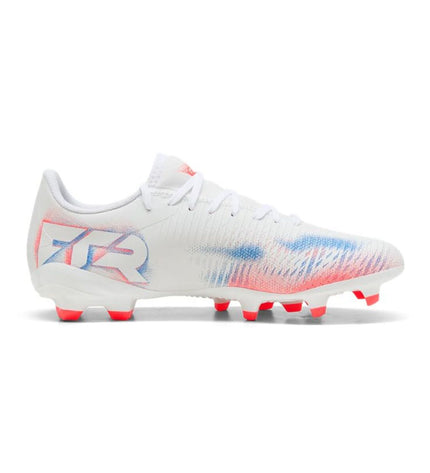 Adult Puma Future 8 Play FG/AG soccer cleats in white, designed for outdoor and indoor football, with sleek sporty style.