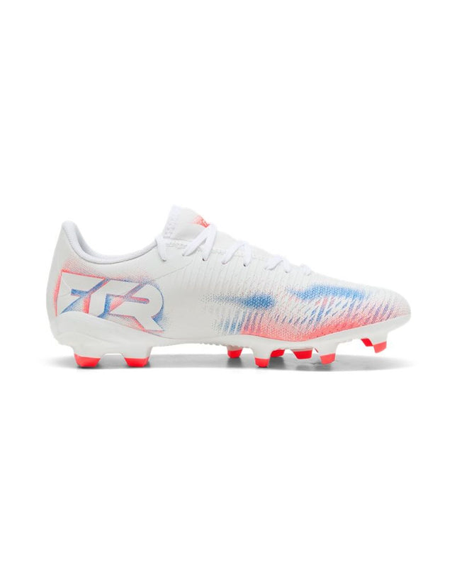 Adult Puma Future 8 Play FG/AG soccer cleats in white, designed for outdoor and indoor football, with sleek sporty style.