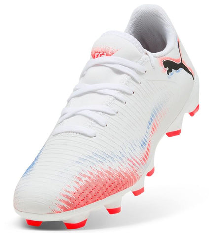 White Puma Future 8 Play FG/AG adult football shoes with synthetic upper and studded outsole for outdoor and indoor play.