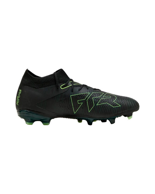 Adult Puma Future 8 Match FG/AG football cleats for outdoor and indoor soccer, featuring sleek black design and firm ground/artificial ground sole