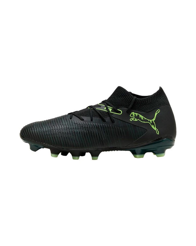 Puma Future 8 Match FG/AG adult football cleats in black with white accents, designed for outdoor soccer play.