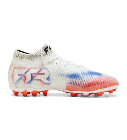 Adult Puma Future 8 Ultimate MG soccer shoes in white, designed for outdoor football, featuring a sleek sport and outdoor style.