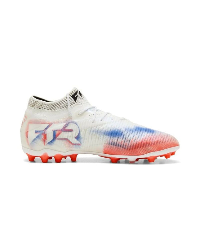 Adult Puma Future 8 Ultimate MG soccer shoes in white, designed for outdoor football, featuring a sleek sport and outdoor style.