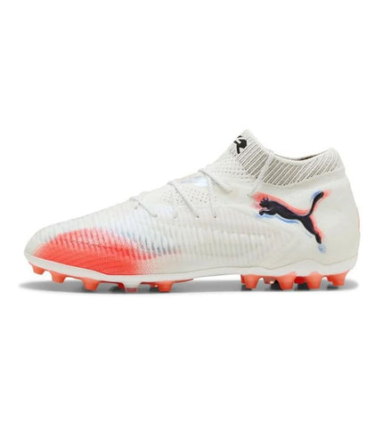 Adult Puma Future 8 Ultimate MG white football soccer shoes for outdoor sports, featuring lightweight design and turf grip.