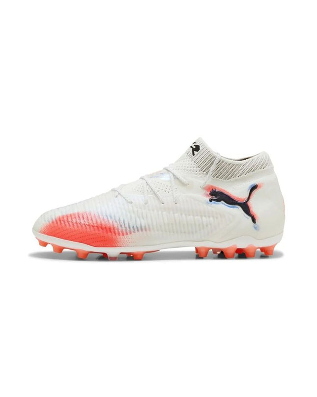 Adult Puma Future 8 Ultimate MG white football soccer shoes for outdoor sports, featuring lightweight design and turf grip.