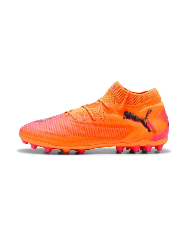 Adult Puma Future 8 Ultimate MG Heat Fire orange football cleats for outdoor soccer, featuring vibrant orange and black accents.