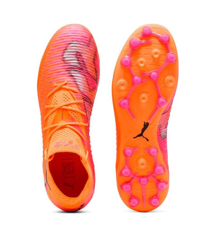 Puma Future 8 Ultimate MG heat fire orange adult football shoes designed for outdoor soccer, with vibrant orange and black accents.