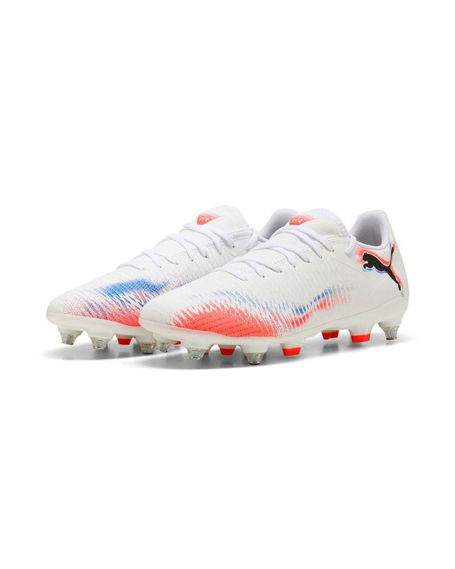 Adult Puma Future 8 Play Mg football shoes for outdoor sports, featuring black and white design with Puma branding.