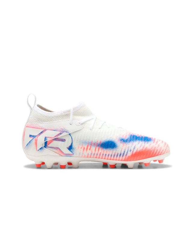 Puma Future 8 Match Mg football shoes for kids, black and green sport footwear with lightweight design and grip sole.